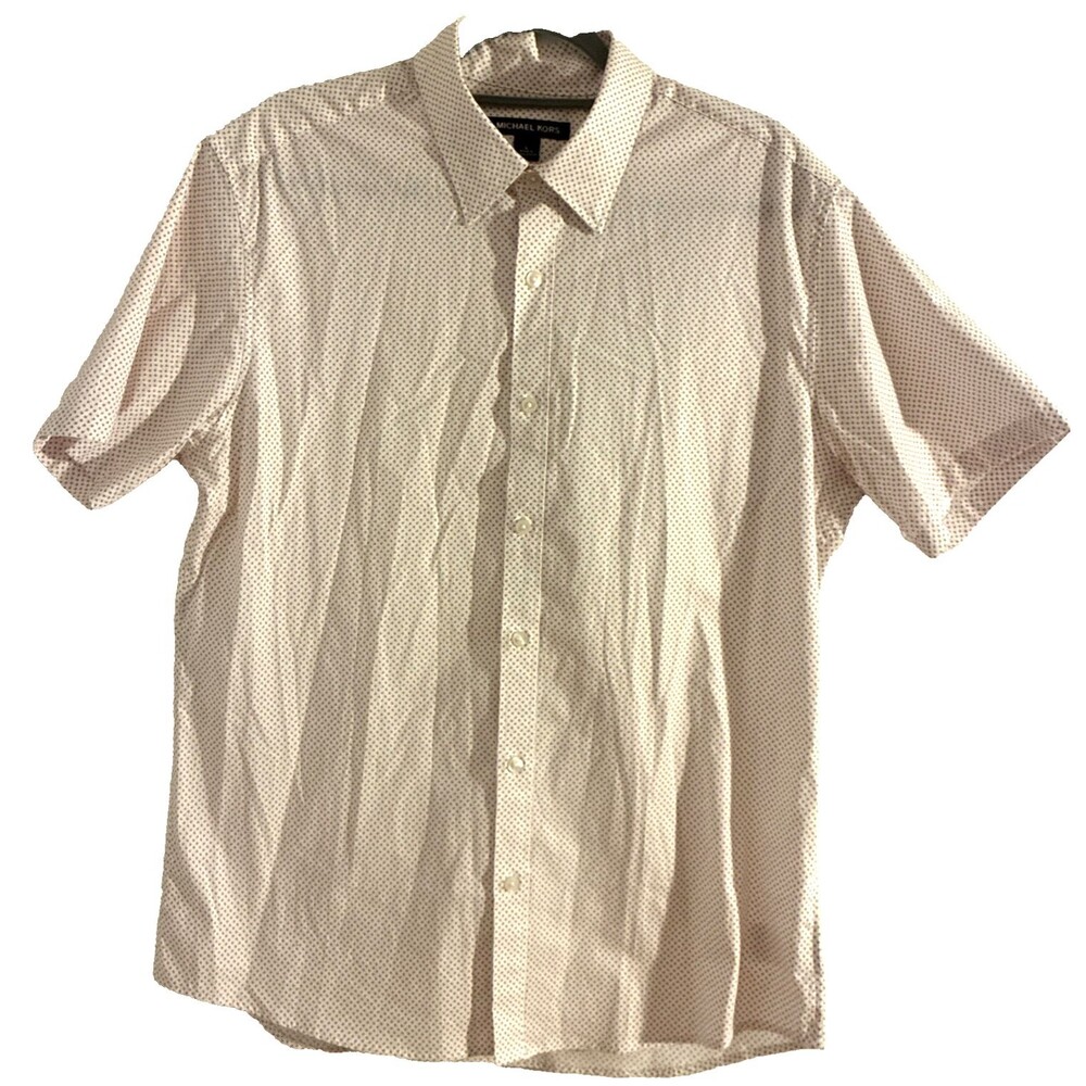 Michael Kors Mens L Short Sleeve Button Shirt W/ Pinkish Mini Polka Dot Pattern